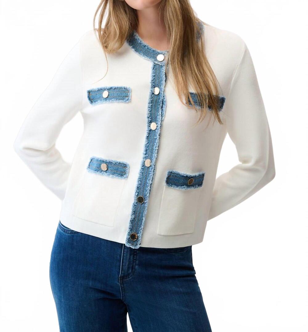 NEW JOSEPH RIBKOFF denim trim button front jacket in winter white/indigo